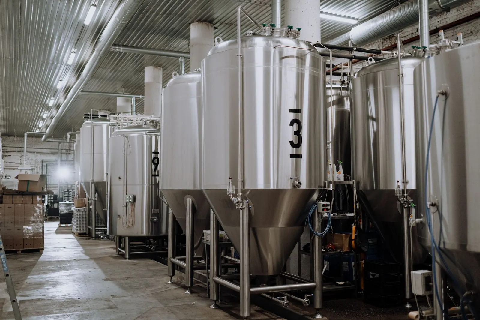 Stainless steel process vessels installed in a clean pharmaceutical production hall